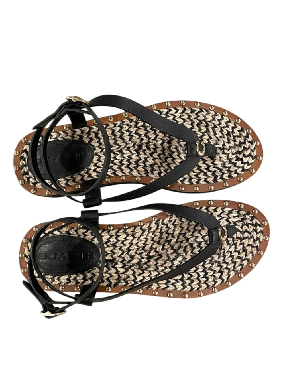 Coach Womens Size 7.5 Gracey Thong Sandals Leather Jute Footbed Black NWOT